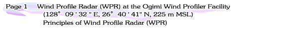 Page 1	Wind Profile Radar (WPR) at the Ogimi Wind Profiler Facility (128&deg; 09'32"E, 26&deg;40'41"N, 225 m MSL)Principles of Wind Profile Radar (WPR)